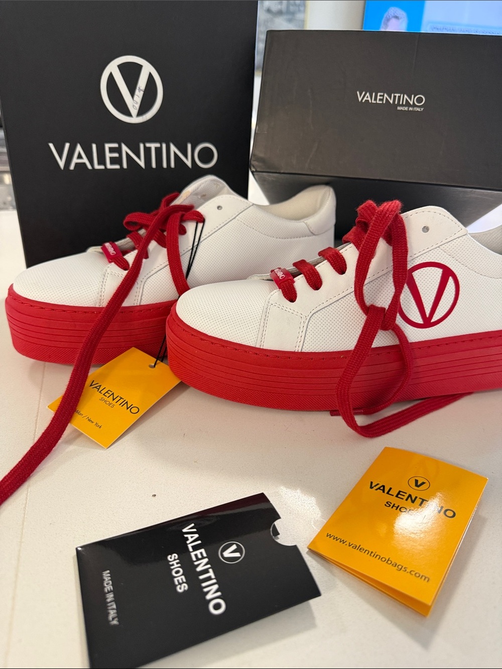Valentino White Sneakers with Red Platform & Logo